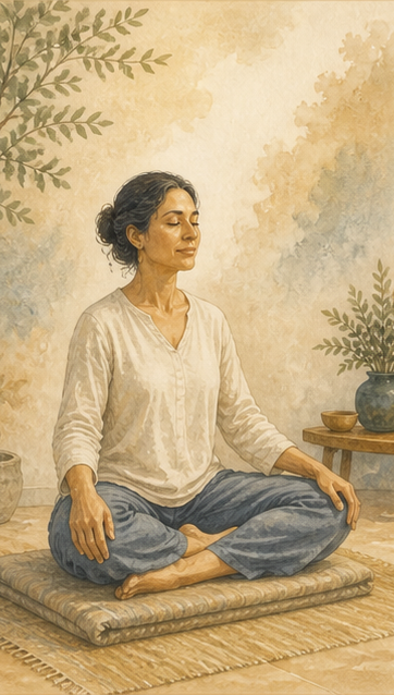 Chamyli-Aquarellillustration zu Sukhasana – bequem sitzen