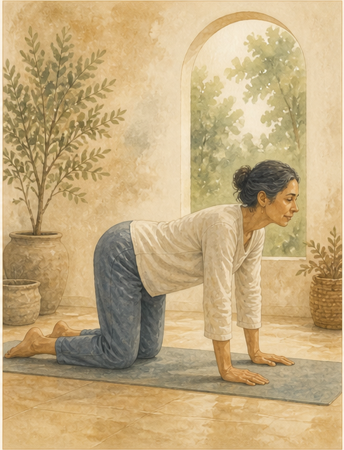 Ruhige Chamyli-Aquarellillustration zu Sukhasana – bequem sitzen
