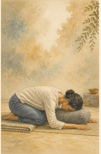 Chamyli-Aquarellillustration zu Balasana – unterstützte Kindhaltung