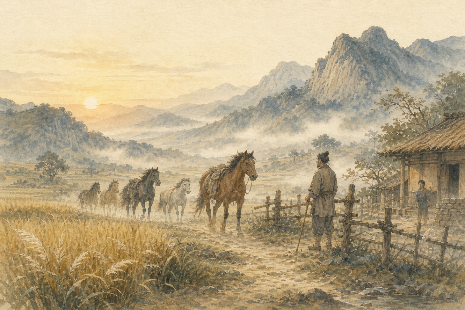 Ein Bauer sieht sein Pferd mit einer Herde zurückkehren