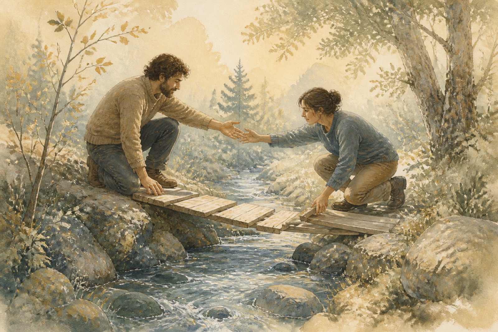 Menschen aus zwei Dörfern bauen gemeinsam eine schlichte Holzbrücke über einen ruhigen Fluss.