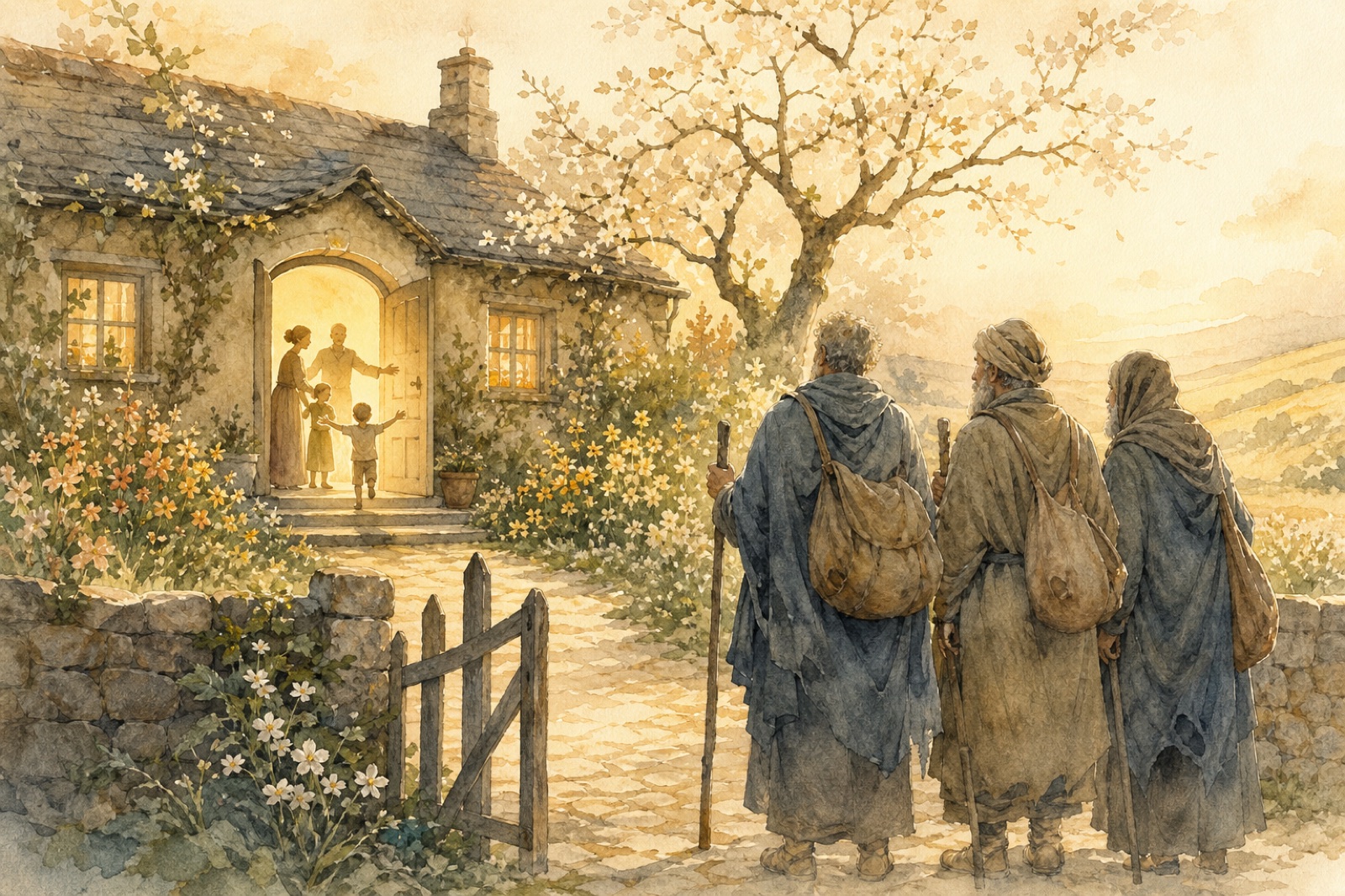 Eine Familie begrüßt drei alte Reisende