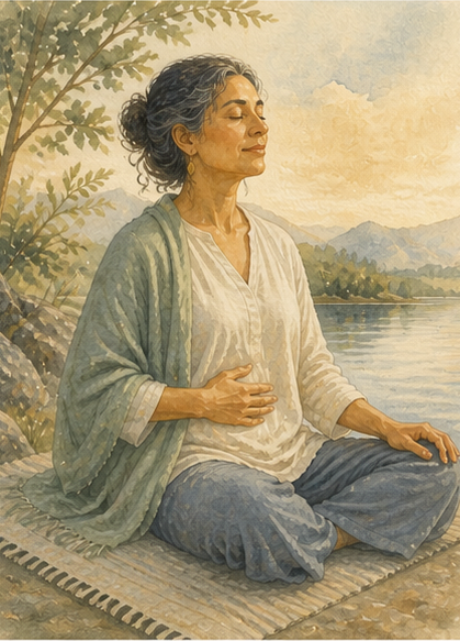 Ruhige Chamyli-Aquarellillustration zu Pranayama: Grundlagen der Atemarbeit