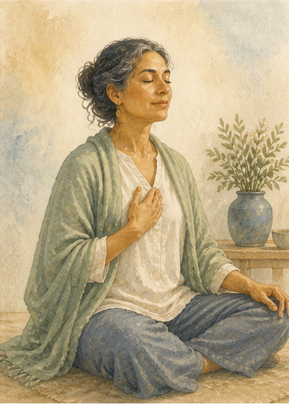 Ruhige Chamyli-Aquarellillustration zu Bauch- und Flankenatmung wahrnehmen