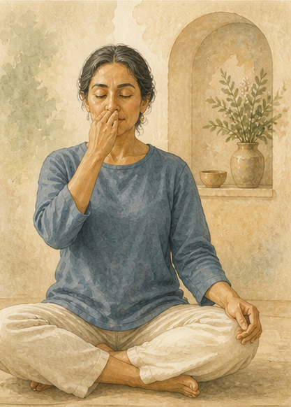 Ruhige Chamyli-Aquarellillustration zu Die Ausatmung sanft verlängern