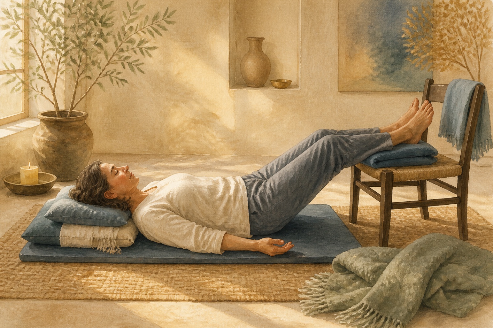 Bequem unterstützte Ruheposition mit Kissen und Decke als ruhige Chamyli-Aquarellillustration