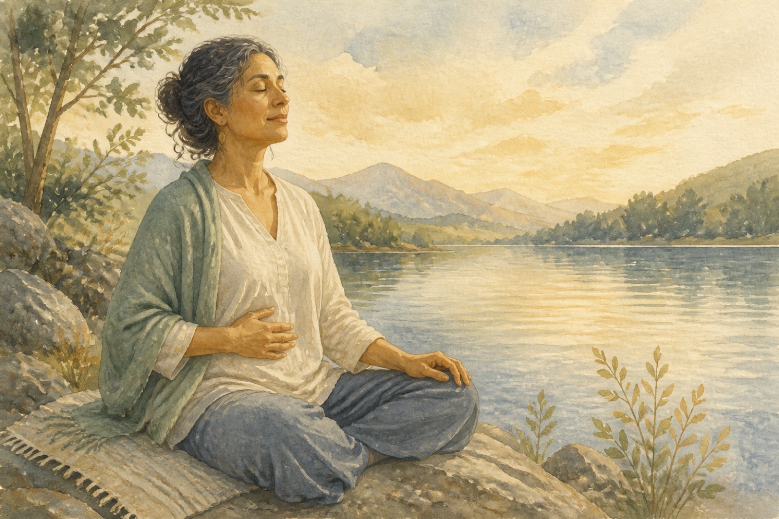 Ruhige Person am See, die ihre Atmung achtsam wahrnimmt, als sanfte Chamyli-Aquarellillustration