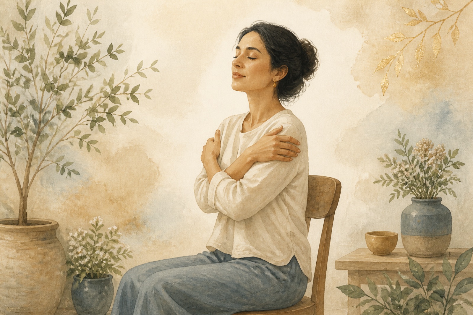 Sitzende Person mit weich gelösten Schultern in einer warmen Chamyli-Aquarellillustration