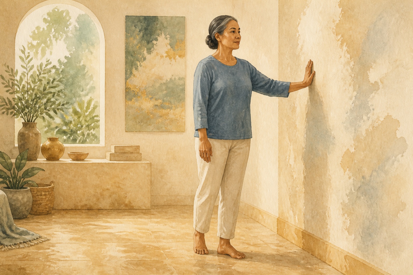 Person in stabilem Stand neben einer Wand, umgeben von sanften Naturformen im Chamyli-Aquarellstil