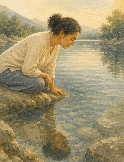 Ruhige Chamyli-Aquarellillustration zu Ahimsa – Gewaltlosigkeit und Fürsorge