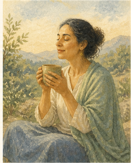 Ruhige Chamyli-Aquarellillustration zu Satya und Santosha